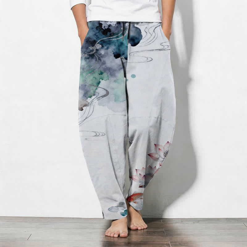 Buddha Stones Pantalon fuselé pour homme en pur coton, motif lotus koi délavé, cordon de serrage et poches - AliceBlue - US/UK/AU50，EU60 (5XL) - image 11