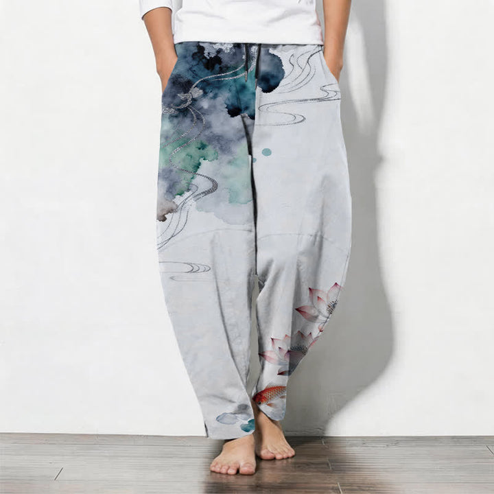 Buddha Stones Pantalon fuselé pour homme en pur coton, motif lotus koi délavé, cordon de serrage et poches - AliceBlue - US/UK/AU50，EU60 (5XL) - image 11