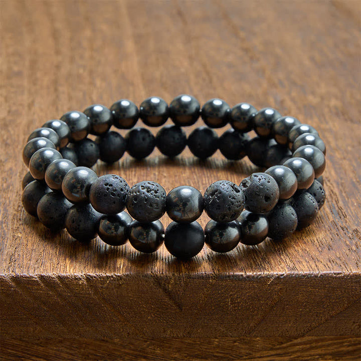 Buddha Stones Bracelet minimaliste en perles d'hématite et de lave, symbole d'ancrage - Ensemble en hématite (Tour de poignet : 15–16 cm) - image 0