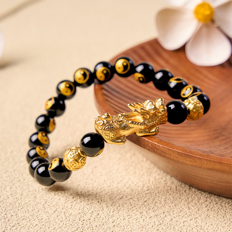 Buddha Stones Bracelet de richesse en perles Pi Xiu en cuivre et onyx noir et cuivre - image 1