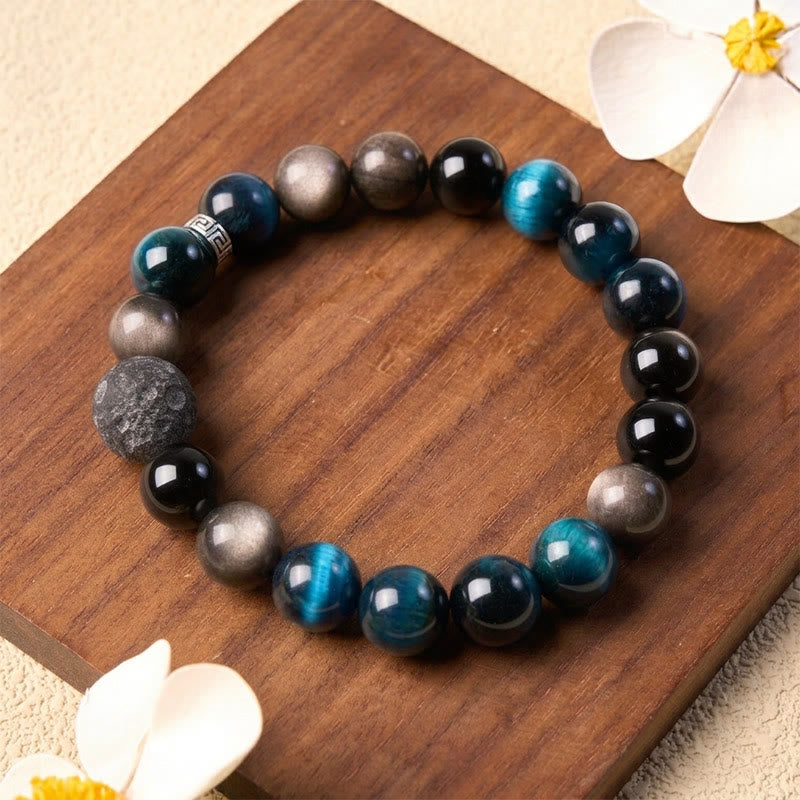 Buddha Stones Bracelet de couple positif en obsidienne œil de tigre bleu et reflet argenté - image 1