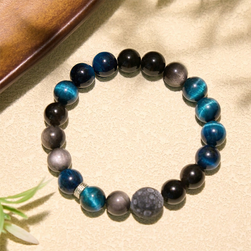 Buddha Stones Bracelet de couple positif en obsidienne œil de tigre bleu et reflet argenté - image 2