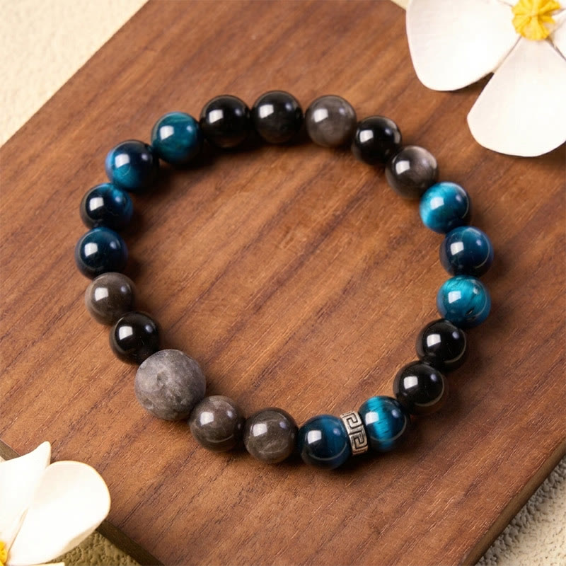 Buddha Stones Bracelet de couple positif en obsidienne œil de tigre bleu et reflet argenté - image 9