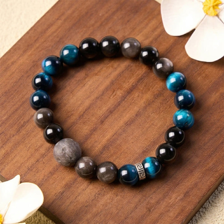 Buddha Stones Bracelet de couple positif en obsidienne œil de tigre bleu et reflet argenté - image 9