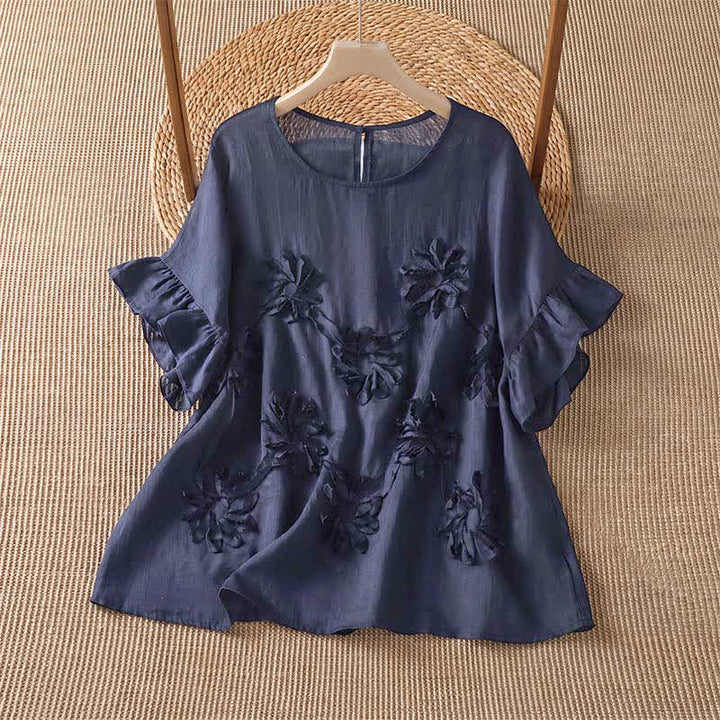 Buddha Stones T-shirts à manches courtes fleuris bohèmes décontractés pour femmes, été - Bleu nuit - US14, UK/AU18, EU46 (2XL) - image 6