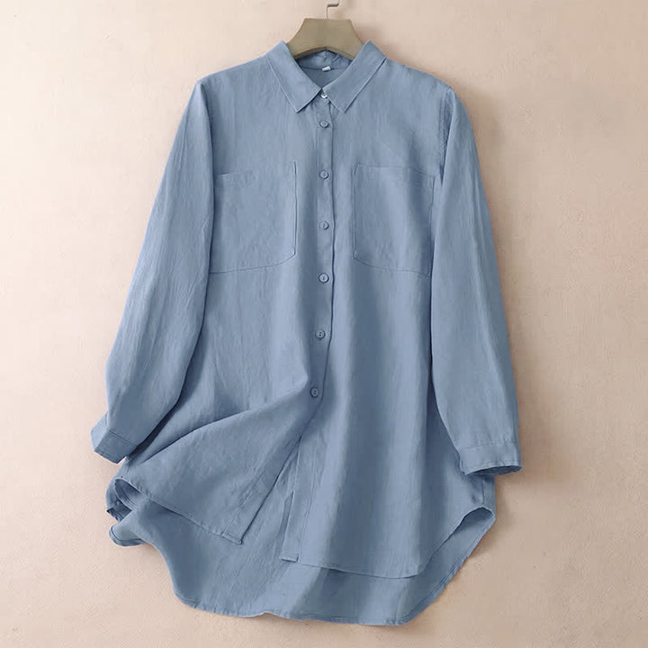 Buddha Stones Chemises à manches longues pour femmes, style minimaliste décontracté, boutonnées, avec poches plaquées, idéales pour le printemps et l'automne. - Bleu acier clair - US8-10, UK/AU12-14, EU40-42 (2XL) - image 8