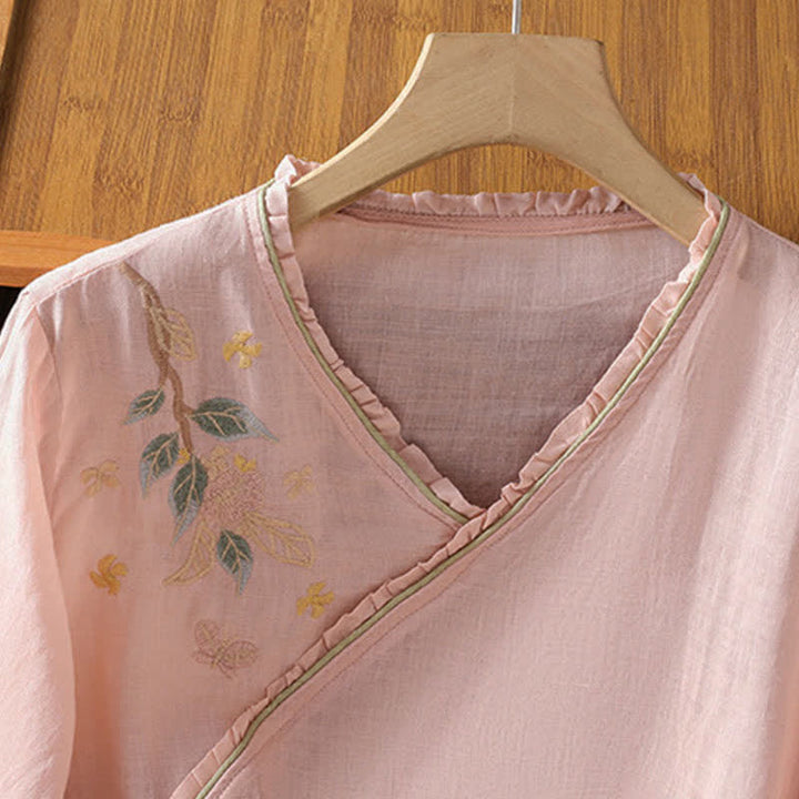 Buddha Stones Chemises à manches 3/4 pour femmes, style Tang, broderie florale vintage, style été - image 6