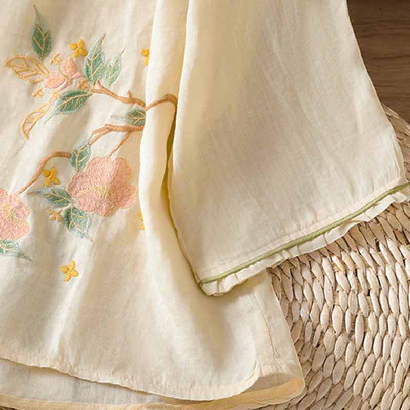 Buddha Stones Chemises à manches 3/4 pour femmes, style Tang, broderie florale vintage, style été - image 3