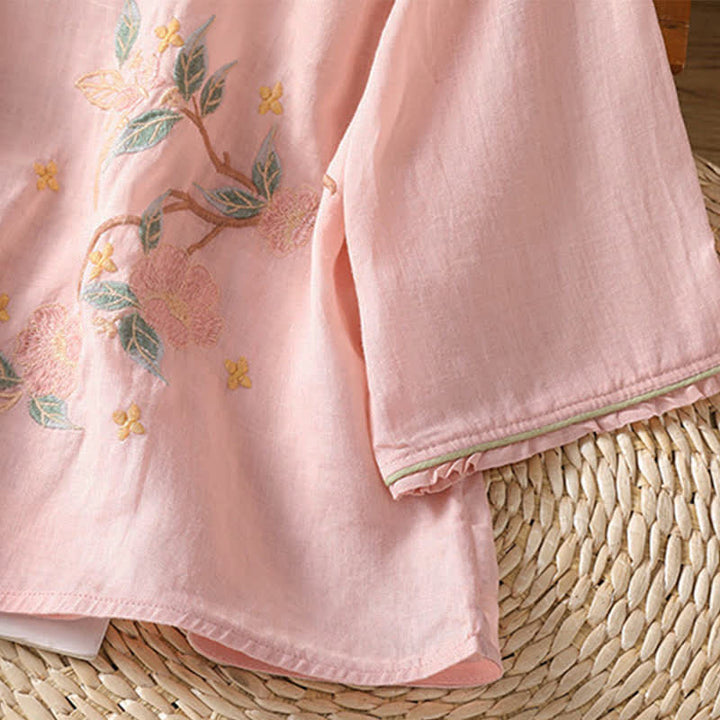 Buddha Stones Chemises à manches 3/4 pour femmes, style Tang, broderie florale vintage, style été - image 10