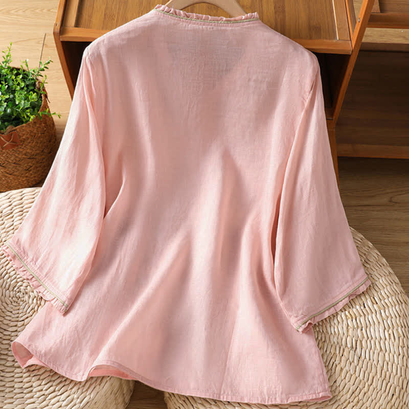 Buddha Stones Chemises à manches 3/4 pour femmes, style Tang, broderie florale vintage, style été - image 5