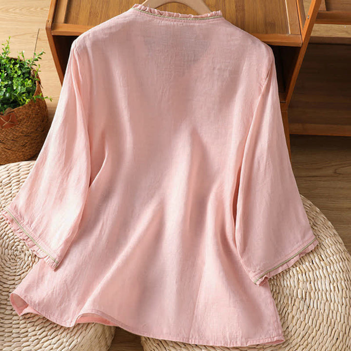 Buddha Stones Chemises à manches 3/4 pour femmes, style Tang, broderie florale vintage, style été - image 5