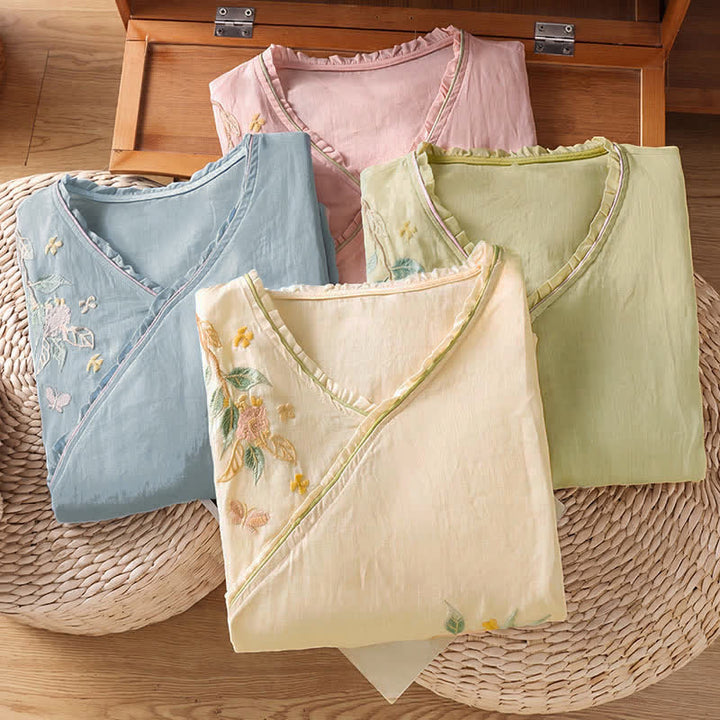 Buddha Stones Chemises à manches 3/4 pour femmes, style Tang, broderie florale vintage, style été - image 26