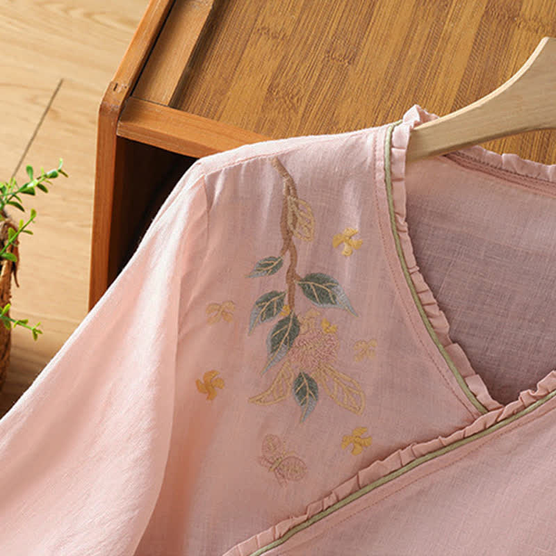 Buddha Stones Chemises à manches 3/4 pour femmes, style Tang, broderie florale vintage, style été - image 8