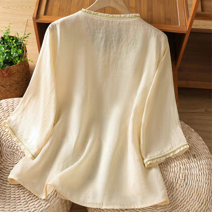 Buddha Stones Chemises à manches 3/4 pour femmes, style Tang, broderie florale vintage, style été - image 1