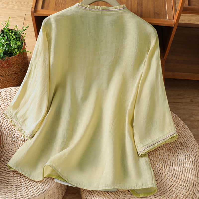 Buddha Stones Chemises à manches 3/4 pour femmes, style Tang, broderie florale vintage, style été - image 13