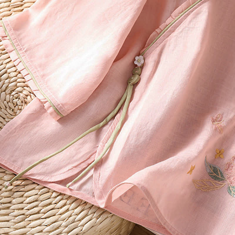 Buddha Stones Chemises à manches 3/4 pour femmes, style Tang, broderie florale vintage, style été - image 9