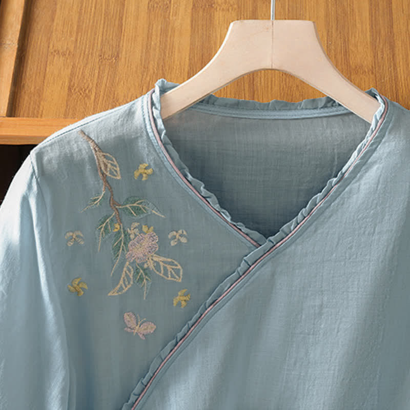 Buddha Stones Chemises à manches 3/4 pour femmes, style Tang, broderie florale vintage, style été - image 20