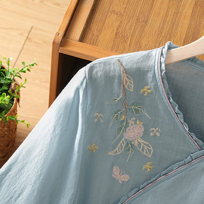 Buddha Stones Chemises à manches 3/4 pour femmes, style Tang, broderie florale vintage, style été - image 22