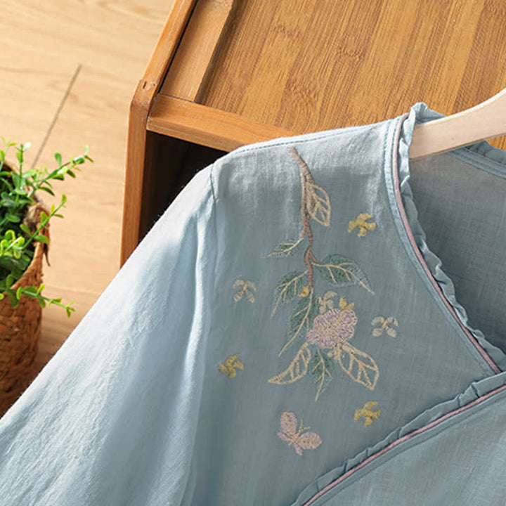 Buddha Stones Chemises à manches 3/4 pour femmes, style Tang, broderie florale vintage, style été - image 22