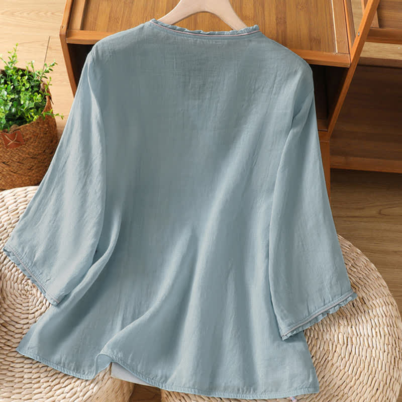 Buddha Stones Chemises à manches 3/4 pour femmes, style Tang, broderie florale vintage, style été - image 19