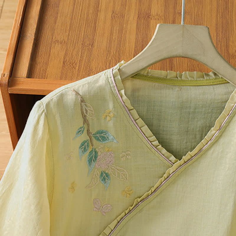 Buddha Stones Chemises à manches 3/4 pour femmes, style Tang, broderie florale vintage, style été - image 14