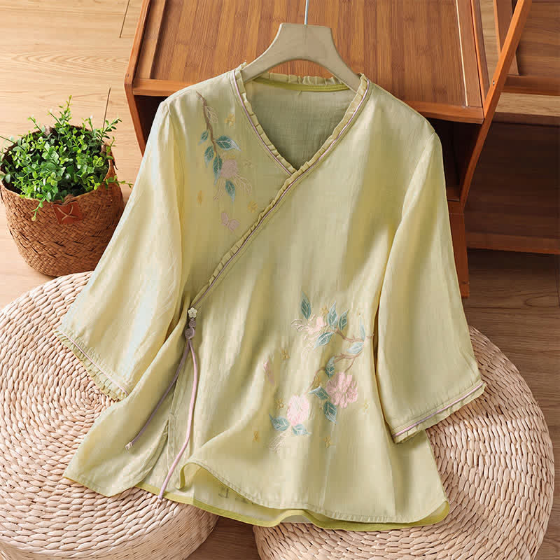 Buddha Stones Chemises à manches 3/4 pour femmes, style Tang, broderie florale vintage, style été - Jaune d'or pâle - US8-10, UK/AU12-14, EU40-42 (2XL) - image 12
