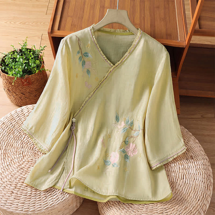 Buddha Stones Chemises à manches 3/4 pour femmes, style Tang, broderie florale vintage, style été - Jaune d'or pâle - US8-10, UK/AU12-14, EU40-42 (2XL) - image 12