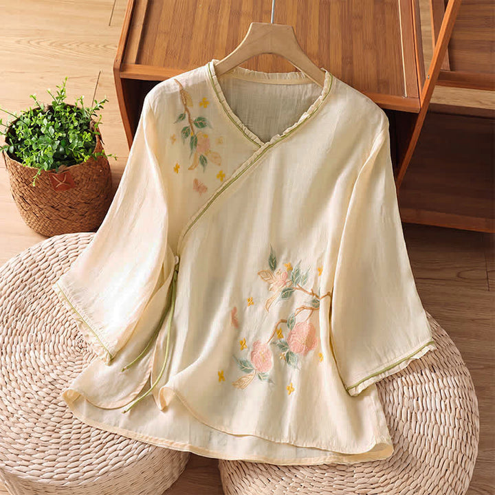 Buddha Stones Chemises à manches 3/4 pour femmes, style Tang, broderie florale vintage, style été - Beige - US8-10, UK/AU12-14, EU40-42 (2XL) - image 0