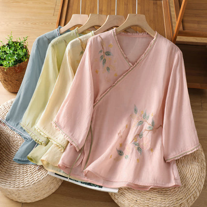 Buddha Stones Chemises à manches 3/4 pour femmes, style Tang, broderie florale vintage, style été - image 25