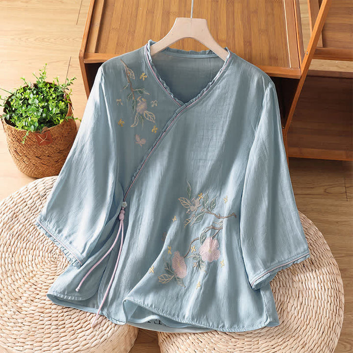 Buddha Stones Chemises à manches 3/4 pour femmes, style Tang, broderie florale vintage, style été - Bleu clair - US8-10, UK/AU12-14, EU40-42 (2XL) - image 18