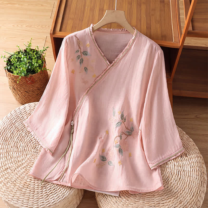 Buddha Stones Chemises à manches 3/4 pour femmes, style Tang, broderie florale vintage, style été - Rose clair - US8-10, UK/AU12-14, EU40-42 (2XL) - image 4