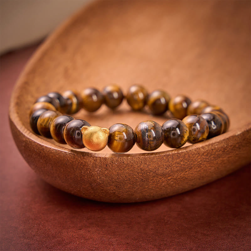 Buddha Stones Bracelet en cuivre résistant à tête de chat œil de tigre - image 1