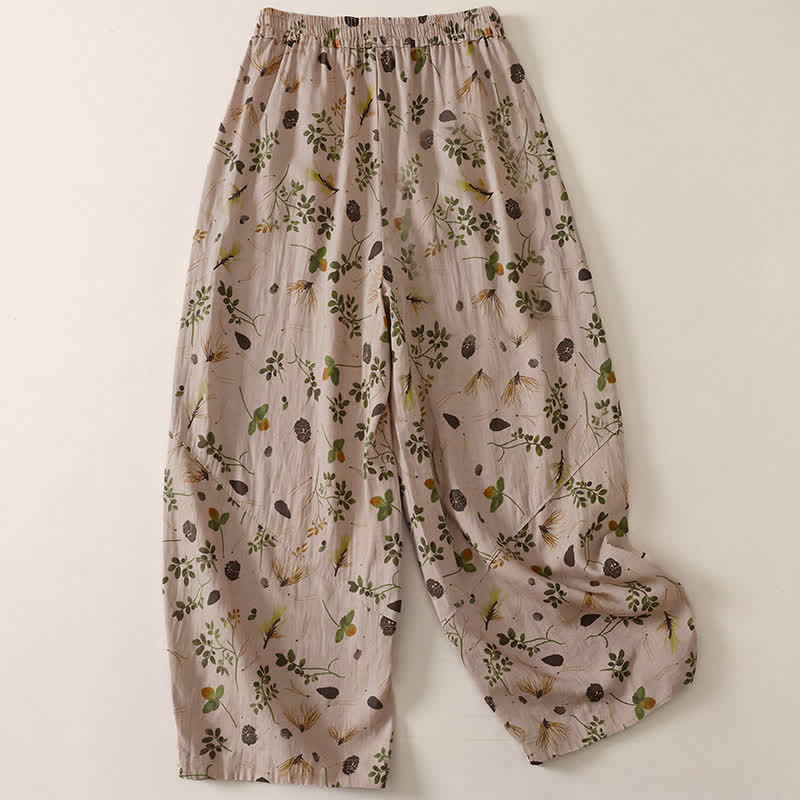 Buddha Stones Pantalon sarouel court bohème décontracté printemps-été à cordon de serrage et imprimé floral à feuilles, avec poches - Tanné - US8-10, UK/AU12-14, EU40-42 (2XL) - image 0