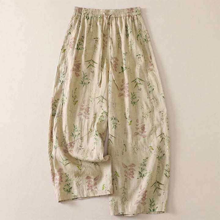 Buddha Stones Pantalon sarouel court bohème décontracté printemps-été à cordon de serrage et imprimé floral à feuilles, avec poches - Beige - US8-10, UK/AU12-14, EU40-42 (2XL) - image 6