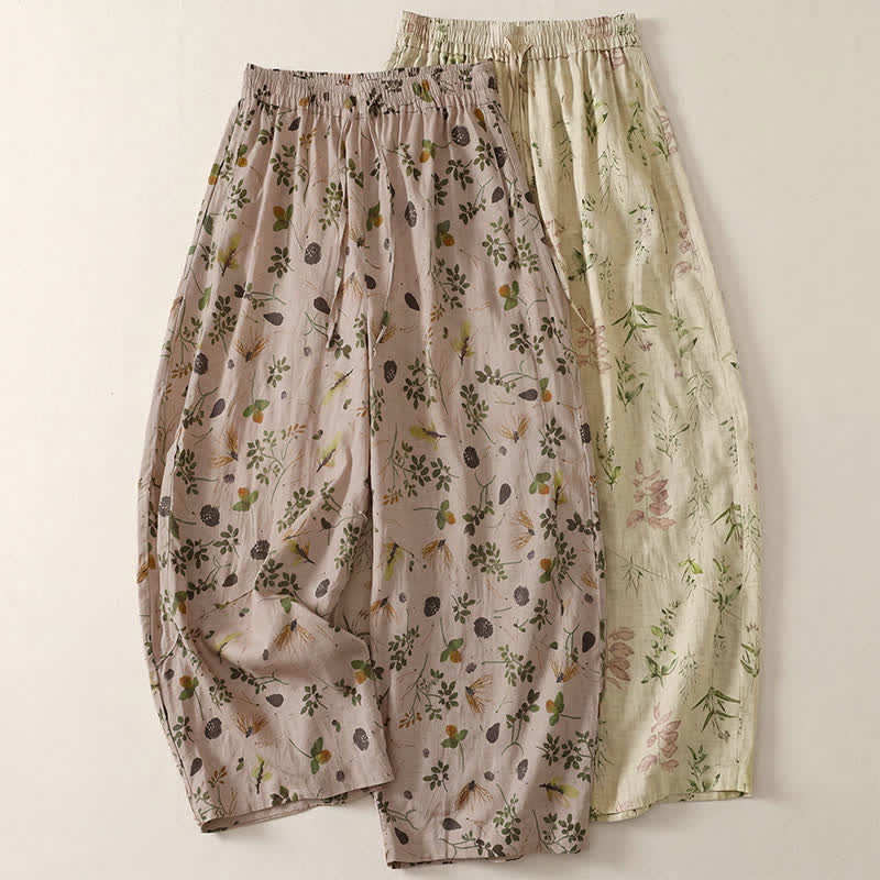 Buddha Stones Pantalon sarouel court bohème décontracté printemps-été à cordon de serrage et imprimé floral à feuilles, avec poches - image 11