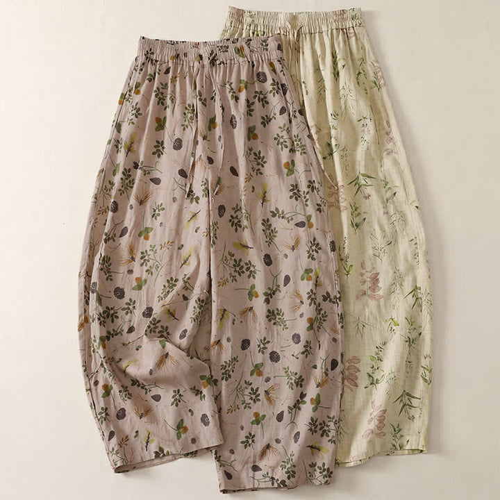Buddha Stones Pantalon sarouel court bohème décontracté printemps-été à cordon de serrage et imprimé floral à feuilles, avec poches - image 11