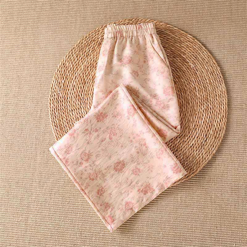 Buddha Stones Pantalon long rose à fleurs, style bohème décontracté, avec poches, idéal pour le printemps et l'été. - image 2