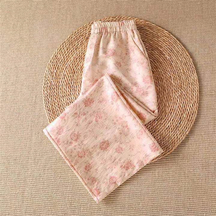 Buddha Stones Pantalon long rose à fleurs, style bohème décontracté, avec poches, idéal pour le printemps et l'été. - image 2