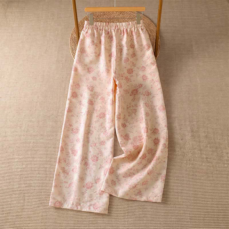 Buddha Stones Pantalon long rose à fleurs, style bohème décontracté, avec poches, idéal pour le printemps et l'été. - image 1