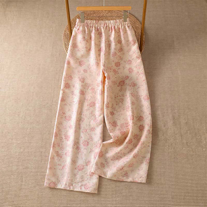 Buddha Stones Pantalon long rose à fleurs, style bohème décontracté, avec poches, idéal pour le printemps et l'été. - image 1