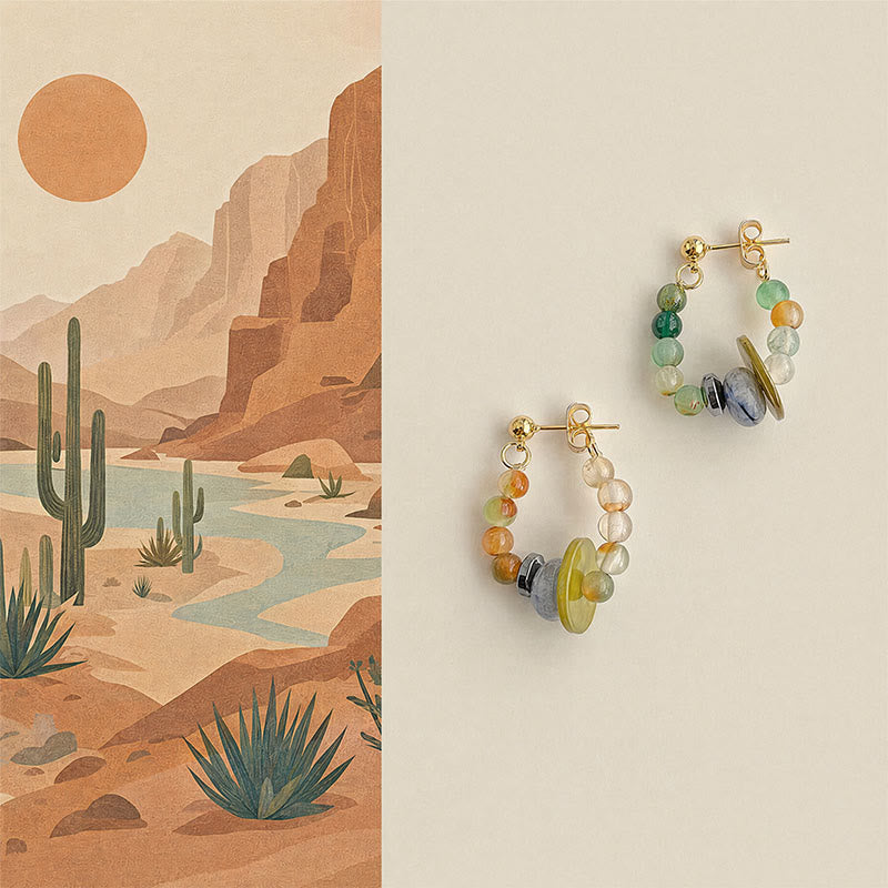 Buddha Stones Boucles d'oreilles géométriques en agate multicolore, jaspe bleu tacheté et coquillage, ornées de perles et de perles, symbole de paix - Agate (poteaux en cuivre) - image 0