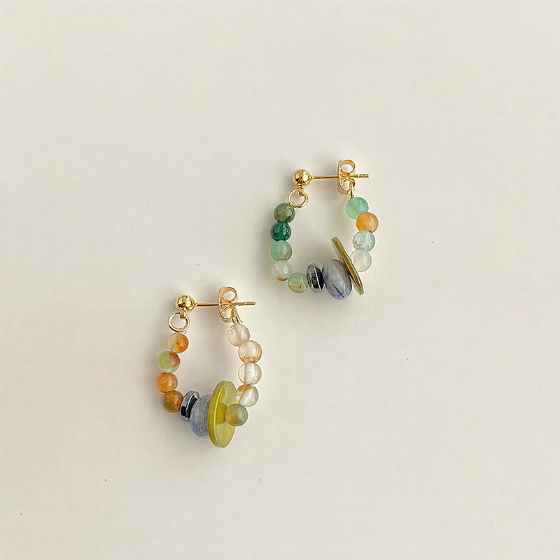 Buddha Stones Boucles d'oreilles géométriques en agate multicolore, jaspe bleu tacheté et coquillage, ornées de perles et de perles, symbole de paix - image 1