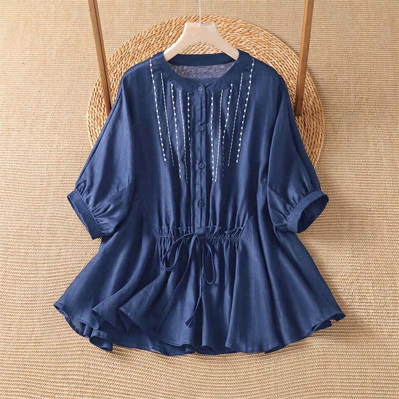 Buddha Stones Chemises d'été bohèmes décontractées à manches courtes pour femmes, boutonnées, à cordon de serrage, ourlet évasé, couleur unie - Bleu nuit - US8-10, UK/AU12-14, EU40-42 (2XL) - image 0