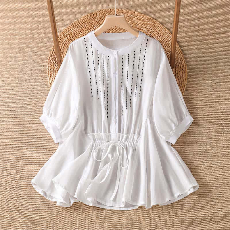 Buddha Stones Chemises d'été bohèmes décontractées à manches courtes pour femmes, boutonnées, à cordon de serrage, ourlet évasé, couleur unie - Blanc - US8-10, UK/AU12-14, EU40-42 (2XL) - image 7