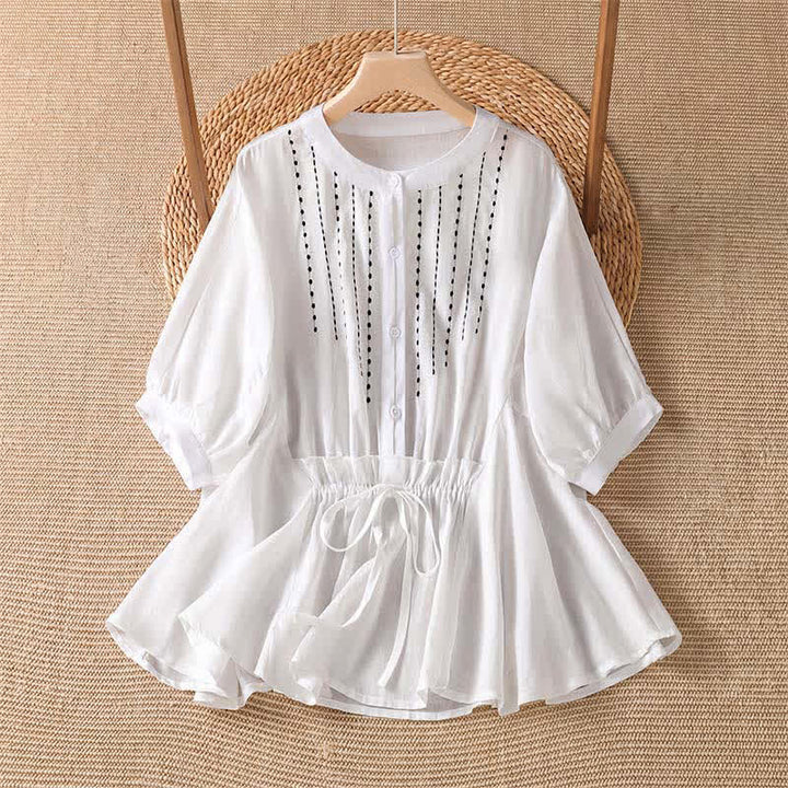 Buddha Stones Chemises d'été bohèmes décontractées à manches courtes pour femmes, boutonnées, à cordon de serrage, ourlet évasé, couleur unie - Blanc - US8-10, UK/AU12-14, EU40-42 (2XL) - image 7