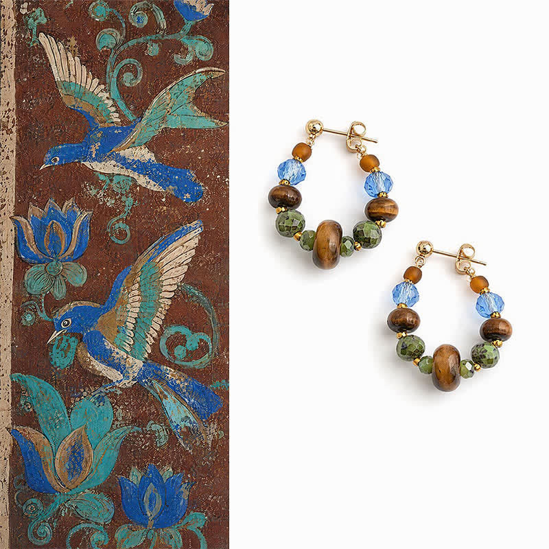 Buddha Stones Boucles d'oreilles Liuli en jaspe œil de tigre à taches bleues et perles de protection - Œil de tigre (poteaux en cuivre) - image 0