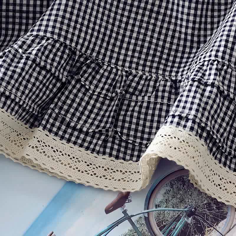 Buddha Stones T-shirt à manches longues pour femme, style vintage élégant, à carreaux et bordure en dentelle, idéal pour le printemps et l'automne - image 7