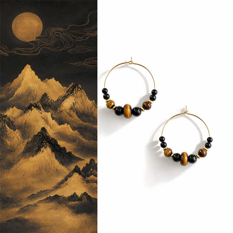 Buddha Stones Boucles d'oreilles créoles de protection en œil de tigre et onyx noir - Onyx noir (poteaux en cuivre) - image 0