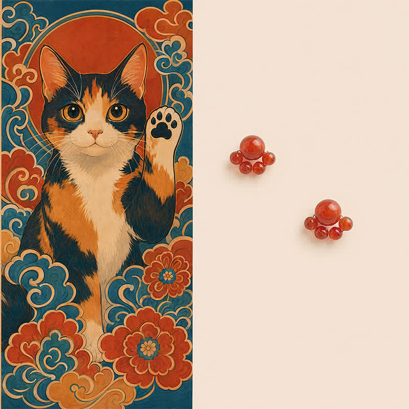 Buddha Stones Boucles d'oreilles en agate rouge faites à la main, motif patte de chat, symbole de confiance - Agate rouge (poteaux en cuivre) - image 0