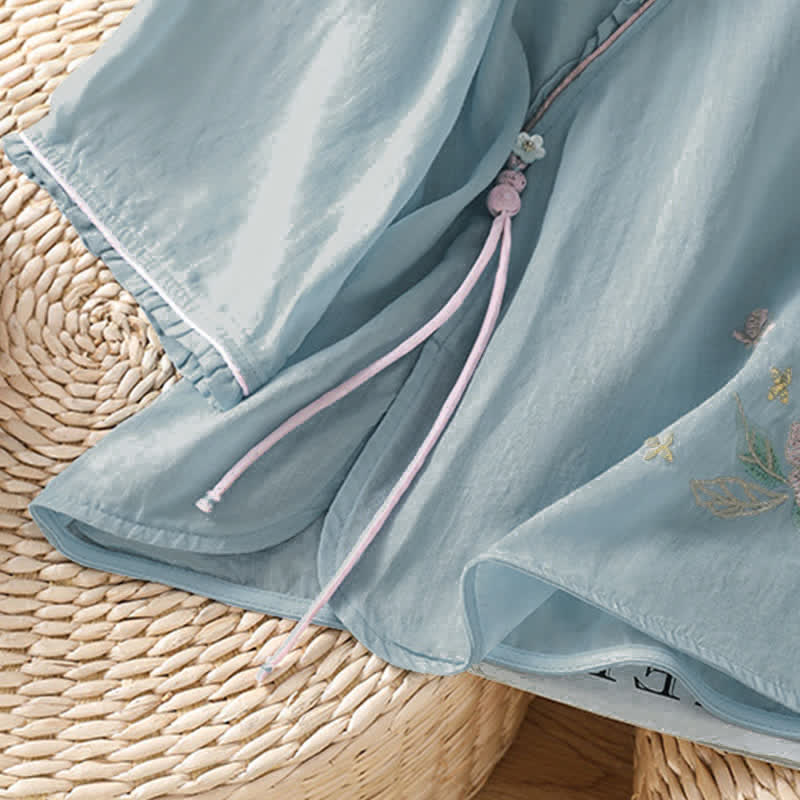 Buddha Stones Chemises à manches 3/4 pour femmes, style Tang, broderie florale vintage, style été - image 23